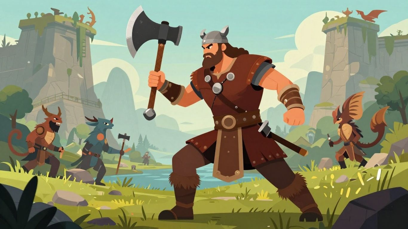 Viking warrior in a game-like Norse landscape.