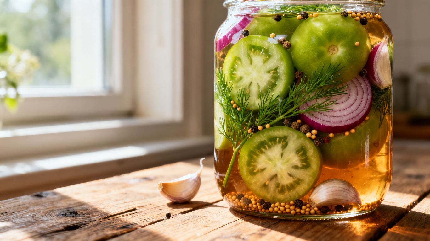 Süß-saure grüne Tomaten im Einmachglas