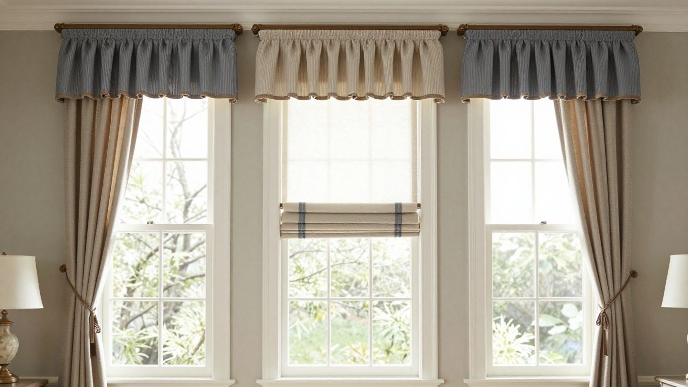 Various decorative window valances in different styles and fabrics.