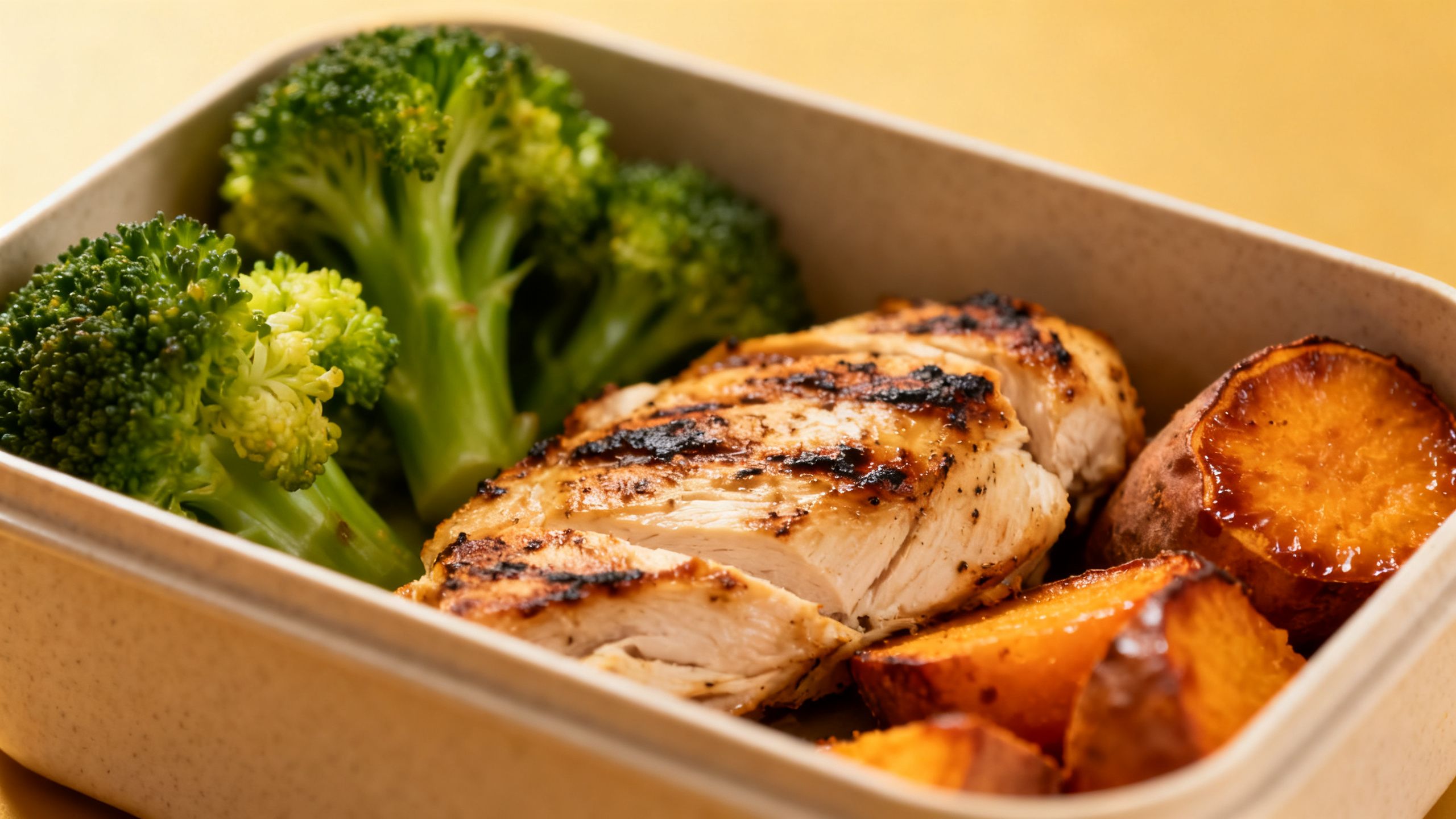 A well-organized meal prep container with healthy whole foods like grilled chicken, broccoli, and sweet potatoes.