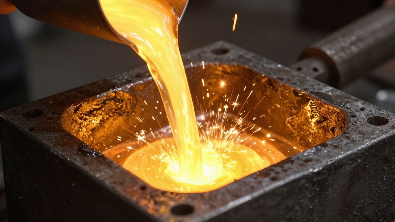 الذهب المنصهر يتدفق في قالب لصنع قطعة من المجوهرات.