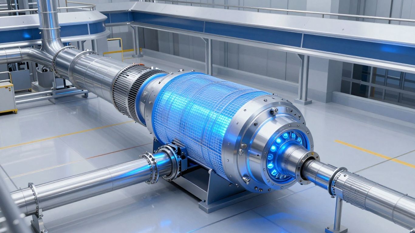 Petit réacteur nucléaire SMR dans un site industriel moderne.