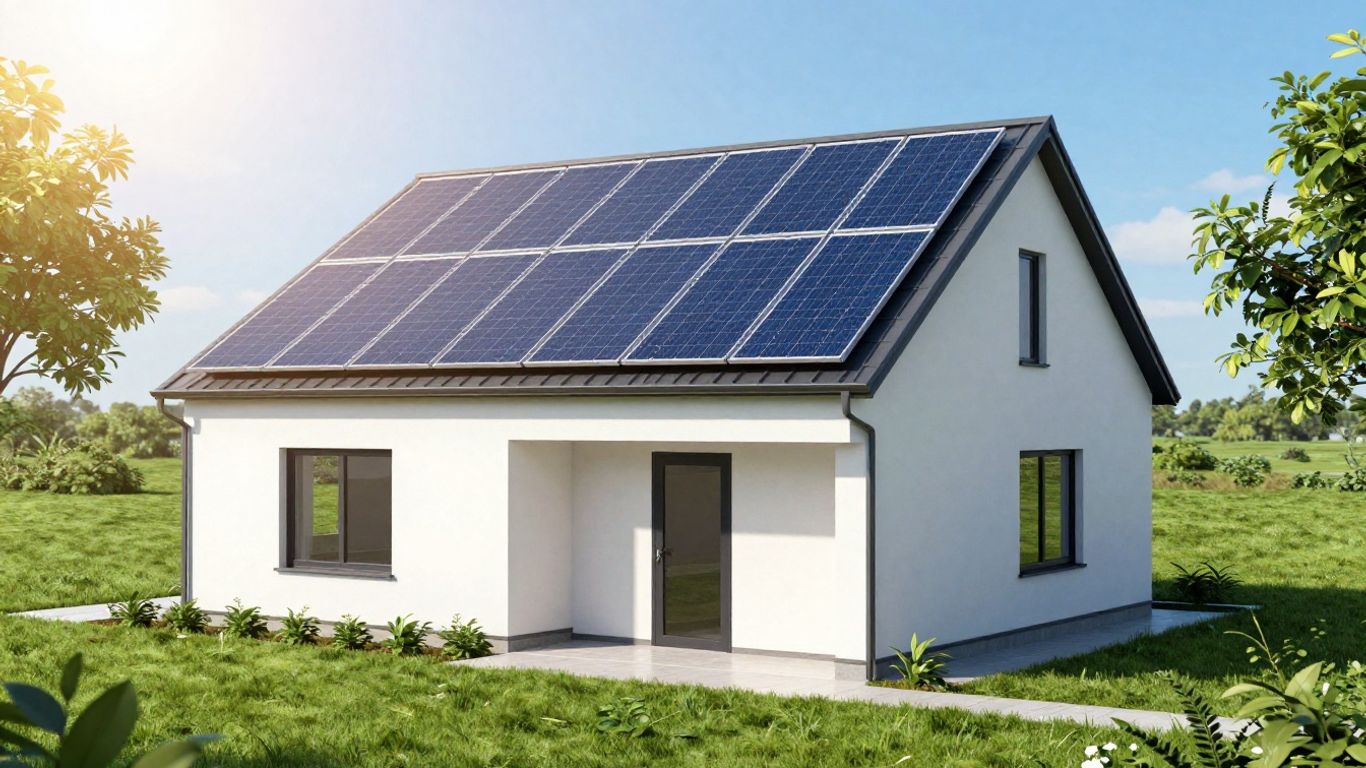 Modern home with solar panels on roof under sunny sky.