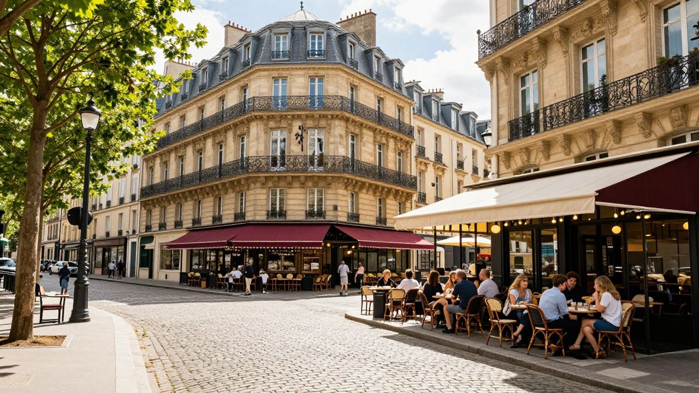 Charming Parisian street with cafes and historic architecture.