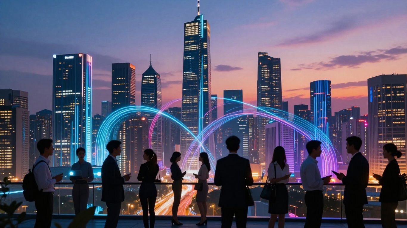 Futuristic cityscape with professionals networking.