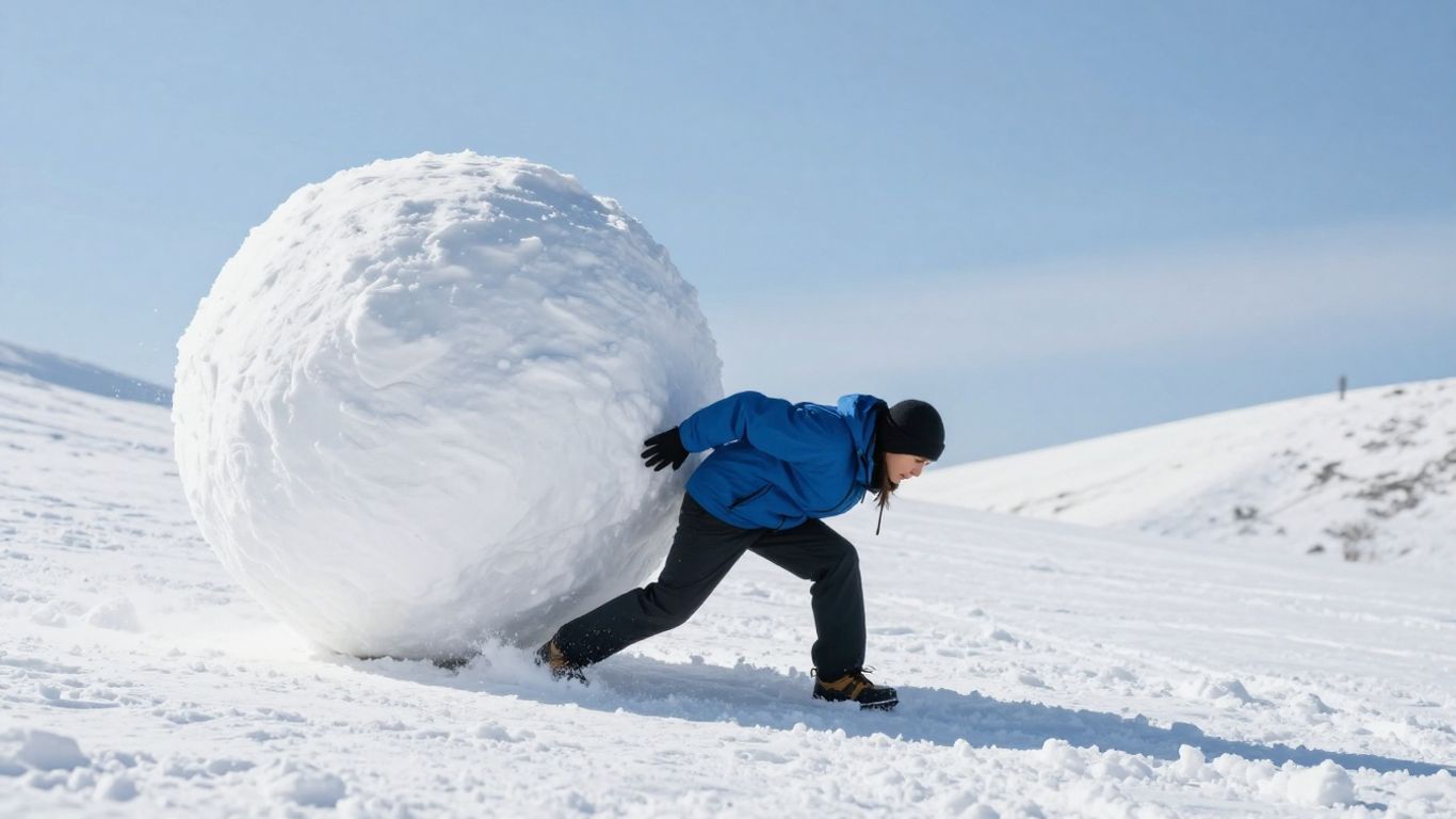 Hombre rodando una bola de nieve gigante cuesta abajo.
