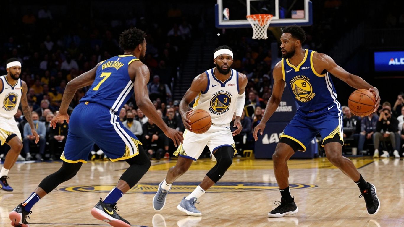 Golden State Warriors players in a dynamic game illustration.