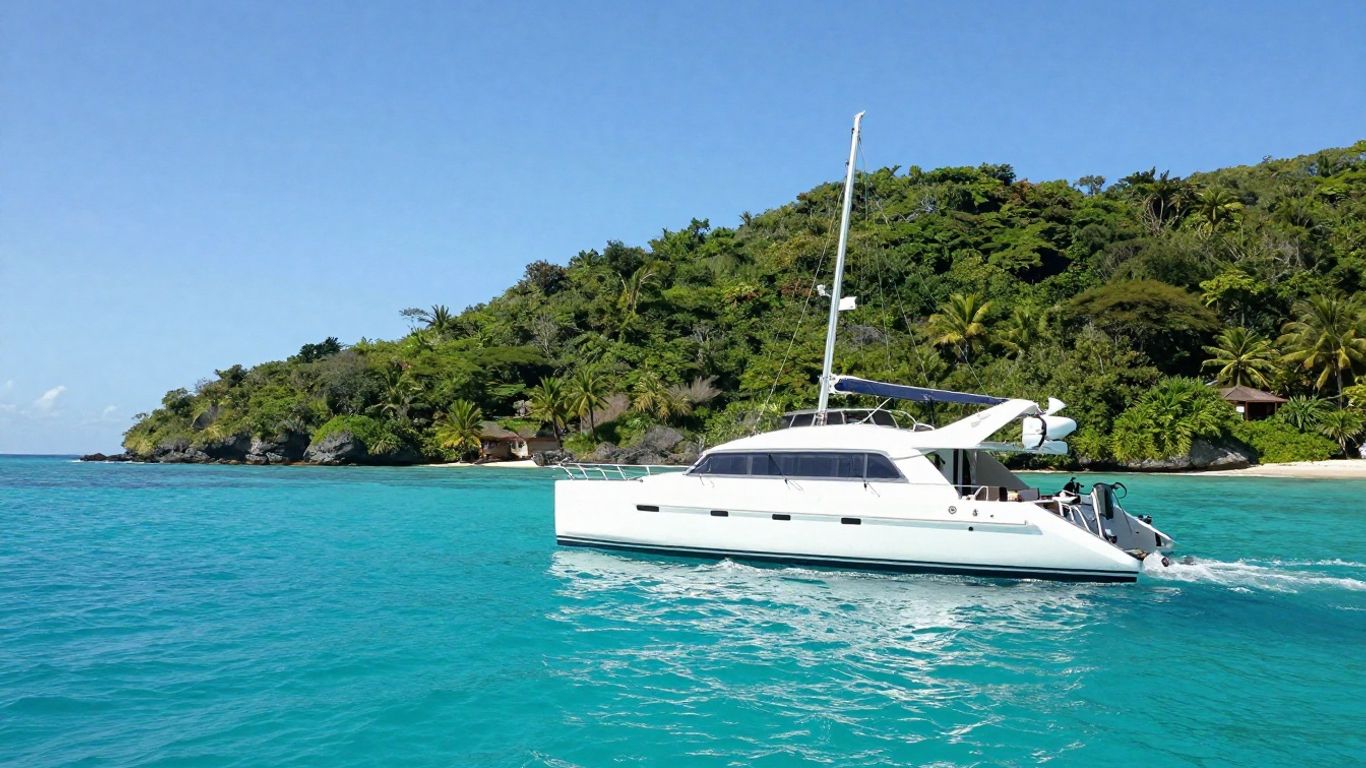 Catamaran sailing on clear Caribbean waters near islands.