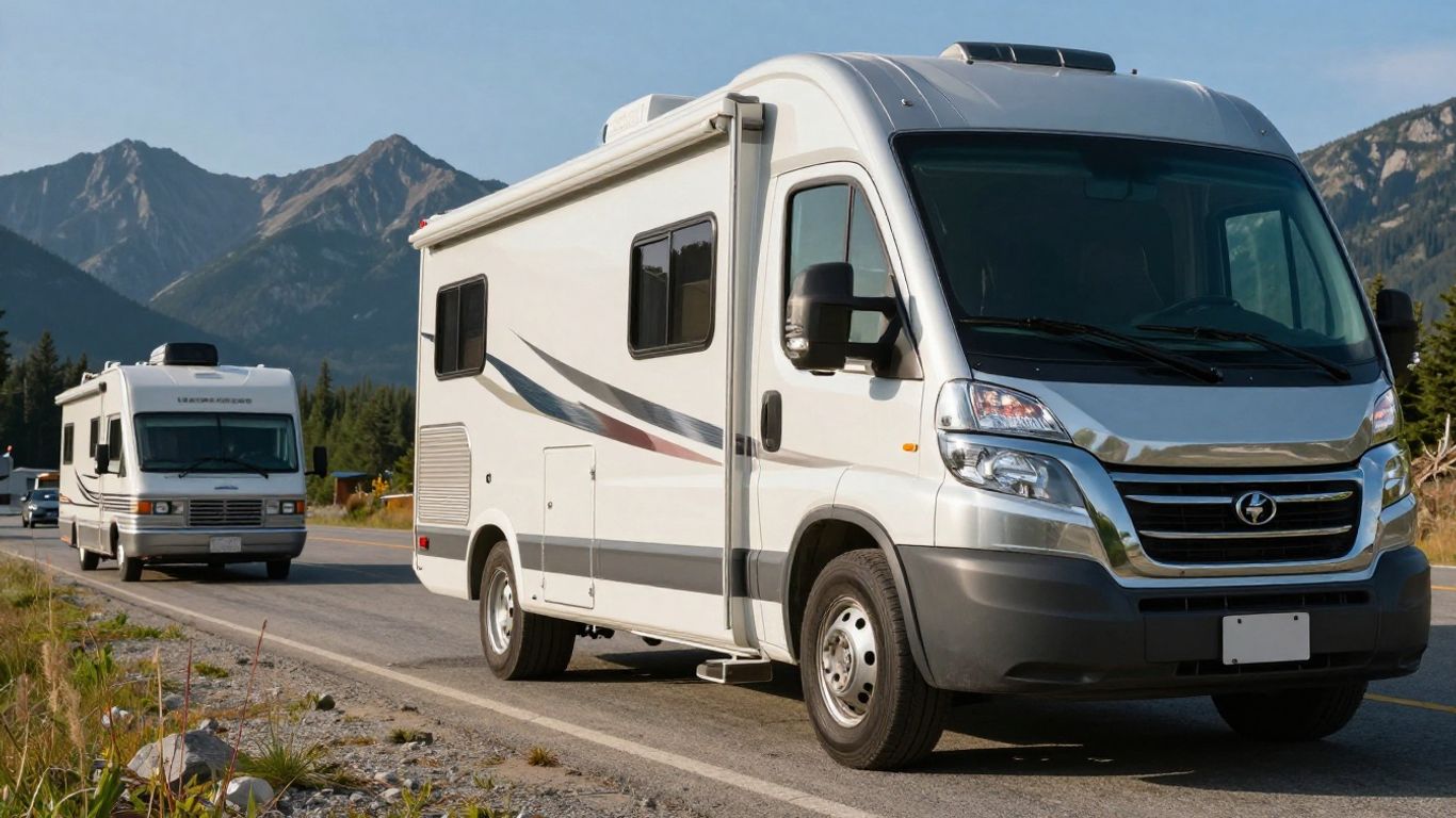 Motorhomes parked in a scenic Canadian landscape.