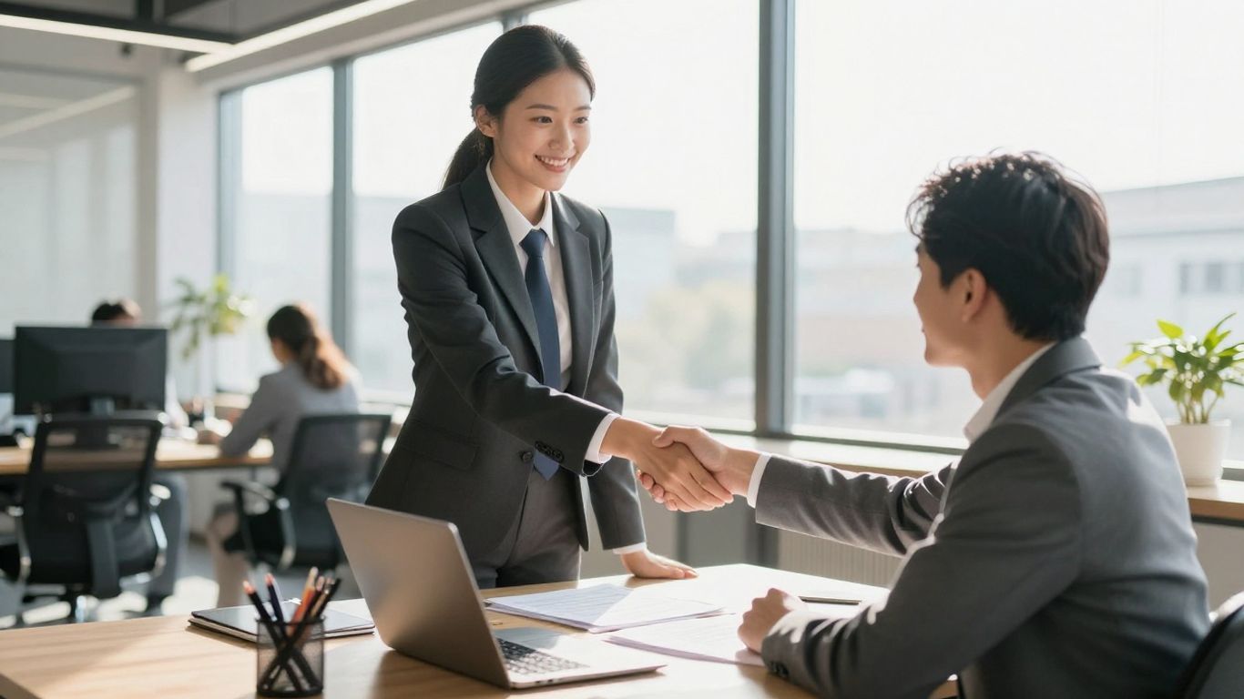 Business professional shaking hands in modern sunlit office