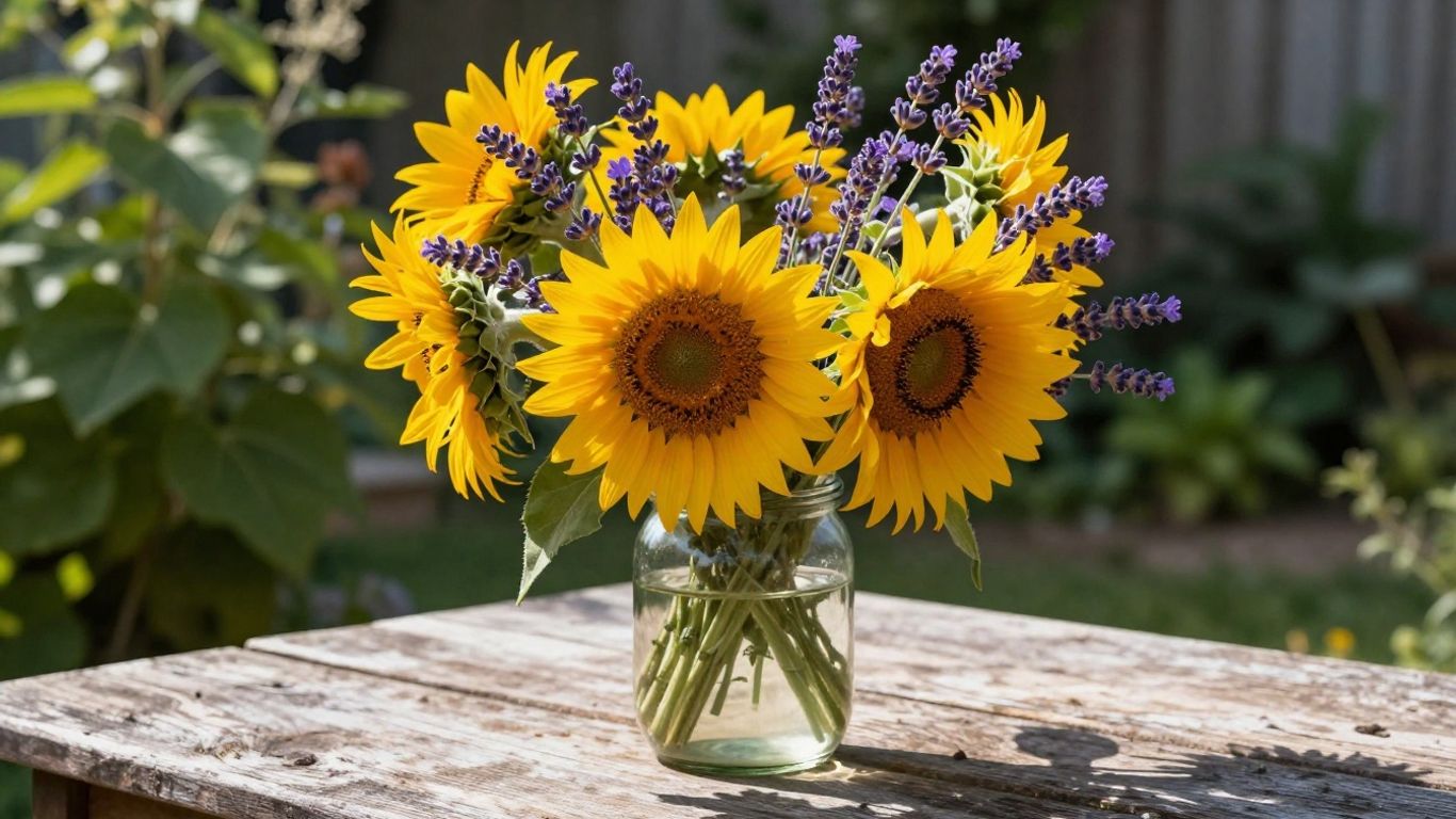 Lavender and sunflowers on a rustic summer table