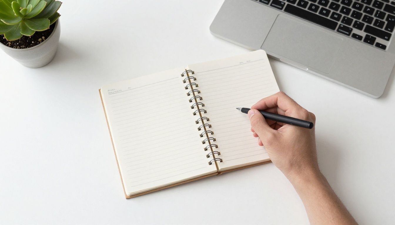 A professional, minimalist workspace with a notebook open on a clean desk, highlighting the concepts of intentionality, planning, and focus at the end of the year.