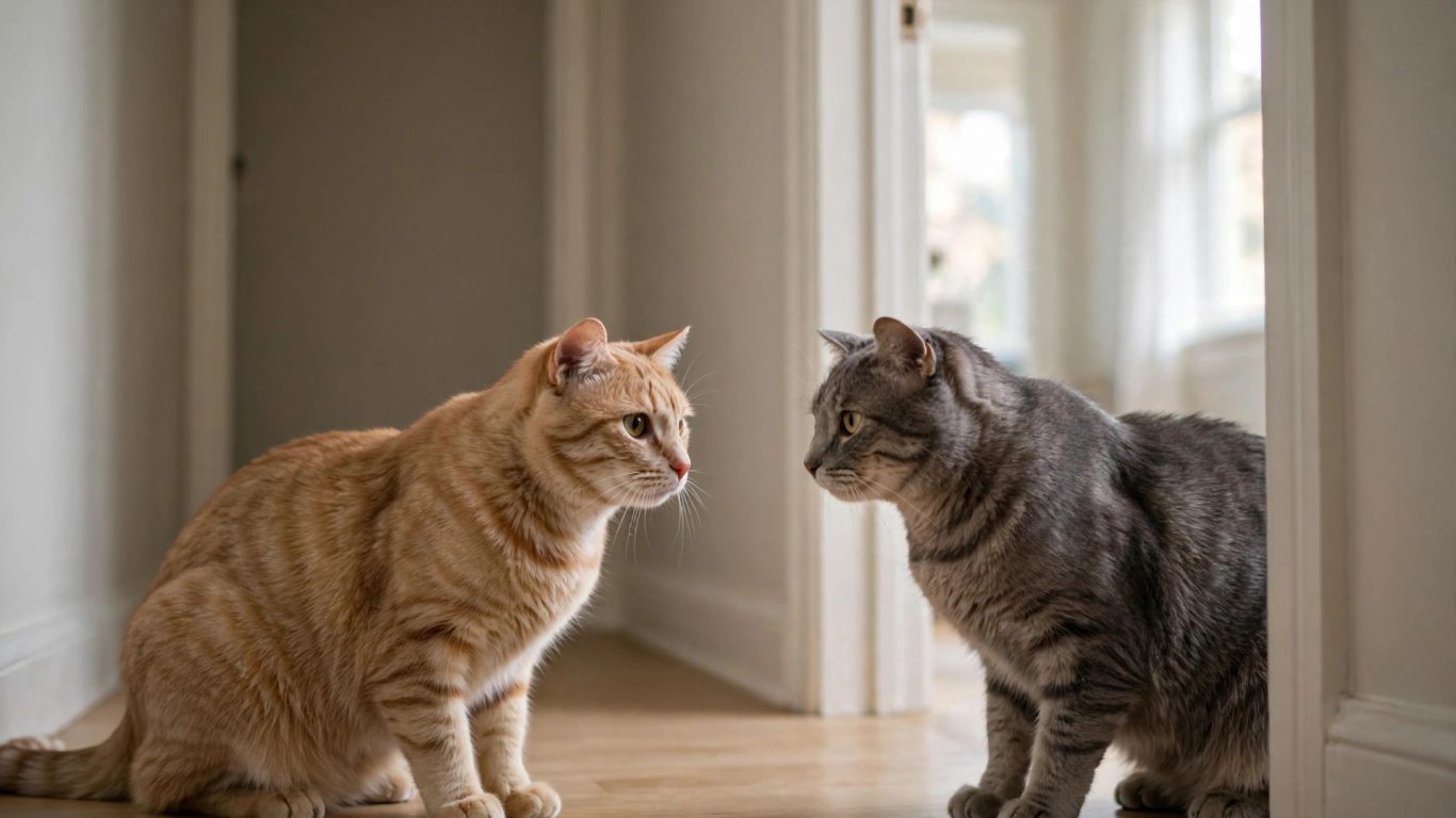Two cats tense near a shared doorway