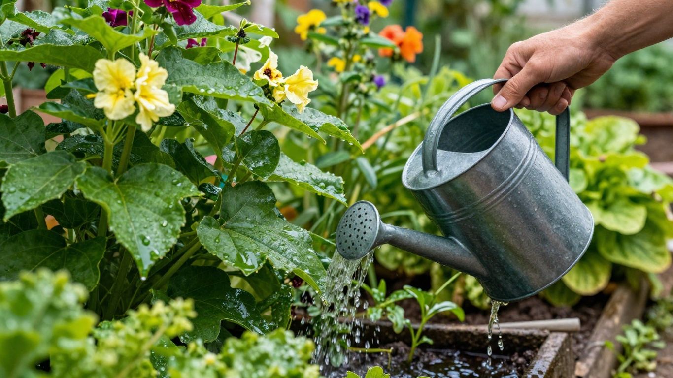 Rain barrel collecting water for garden irrigation.