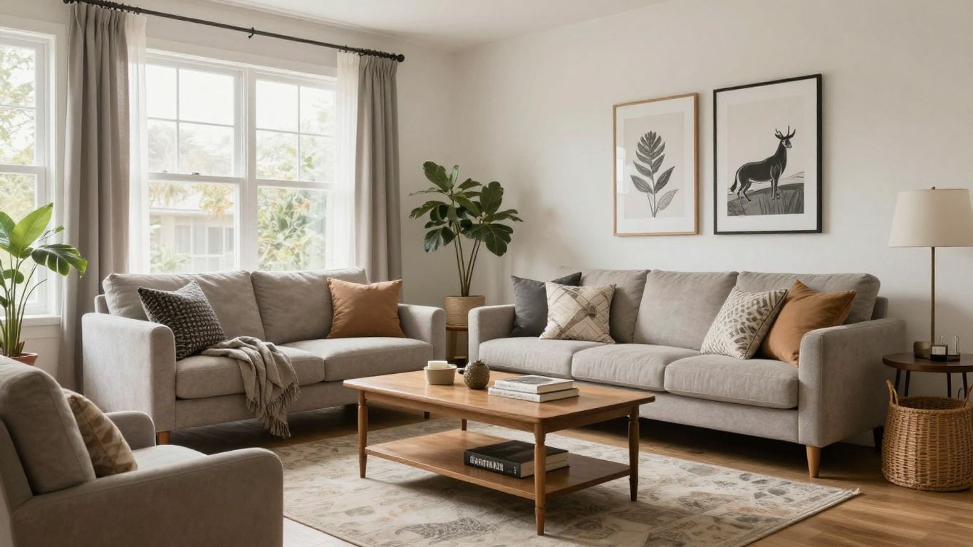 Stylish Airbnb living room with modern furniture and decor.
