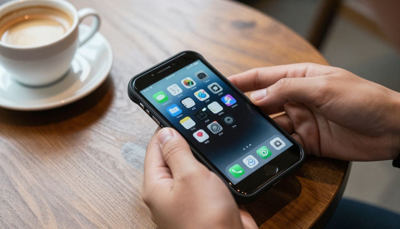 A person in a cafe placing their iPhone 17 Pro in a stylish case onto a wooden table next to a coffee cup.