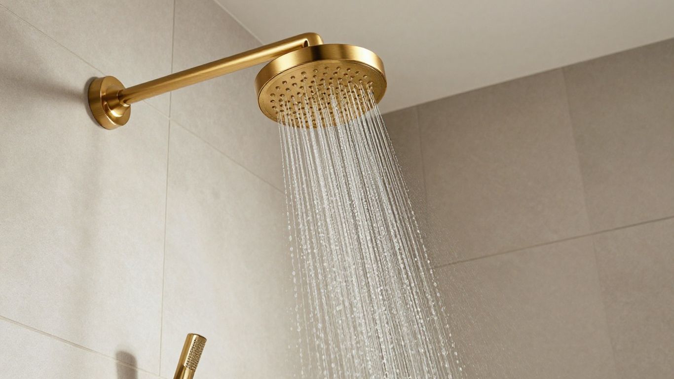 Brushed gold rainfall showerhead with water cascading down.
