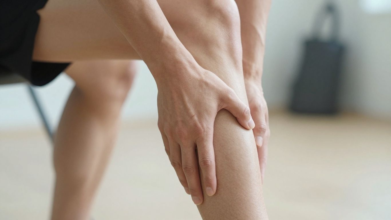 Pessoa com cãibra na perna sentindo dor muscular.