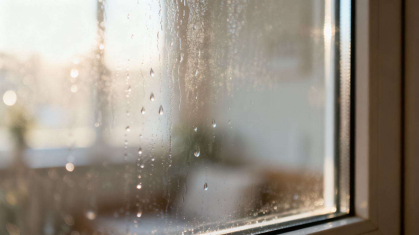 Visible water beads on a clear glass window