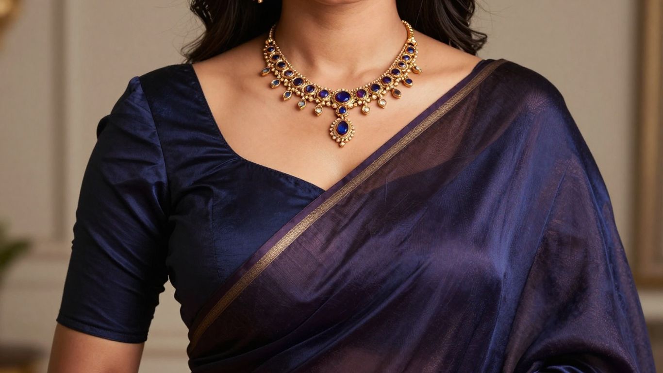 A layered necklace styled with a silk saree