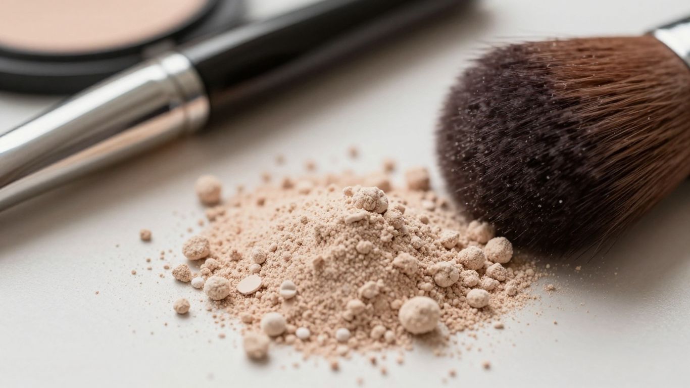 Makeup powders and brushes with scattered talc dust