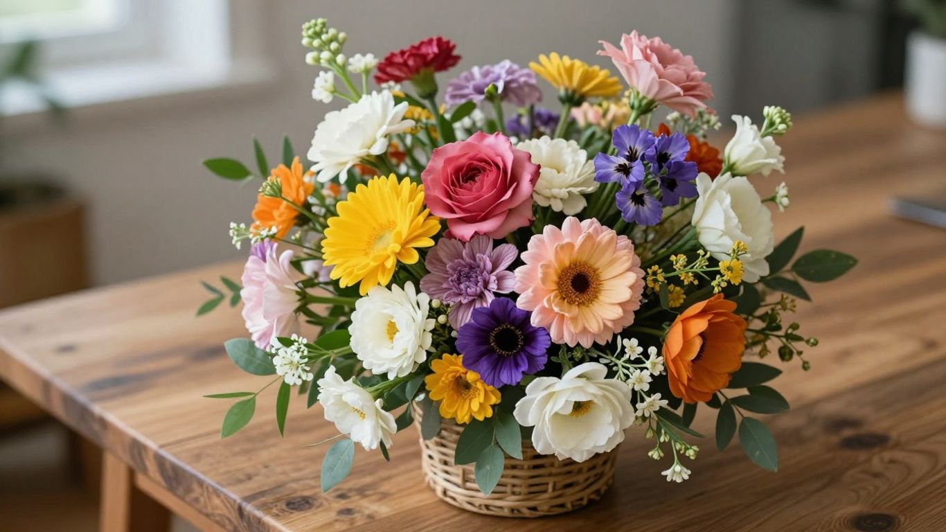 Vibrant apology flower bouquet on rustic wooden table