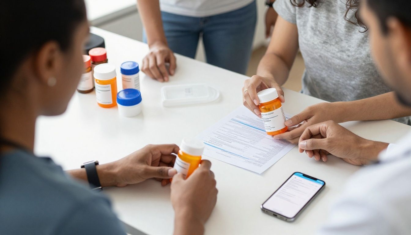 Bright realistic modern health-tech scene showing a diverse adult organizing medication bottles, supplement containers, lab results, and a smartphone protocol-tracking app on a clean desk, with subtle fitness and recovery items nearby; natural daylight, organized routine, no logos or text