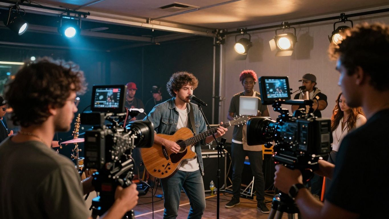 AI music video production set with cameras and lights.