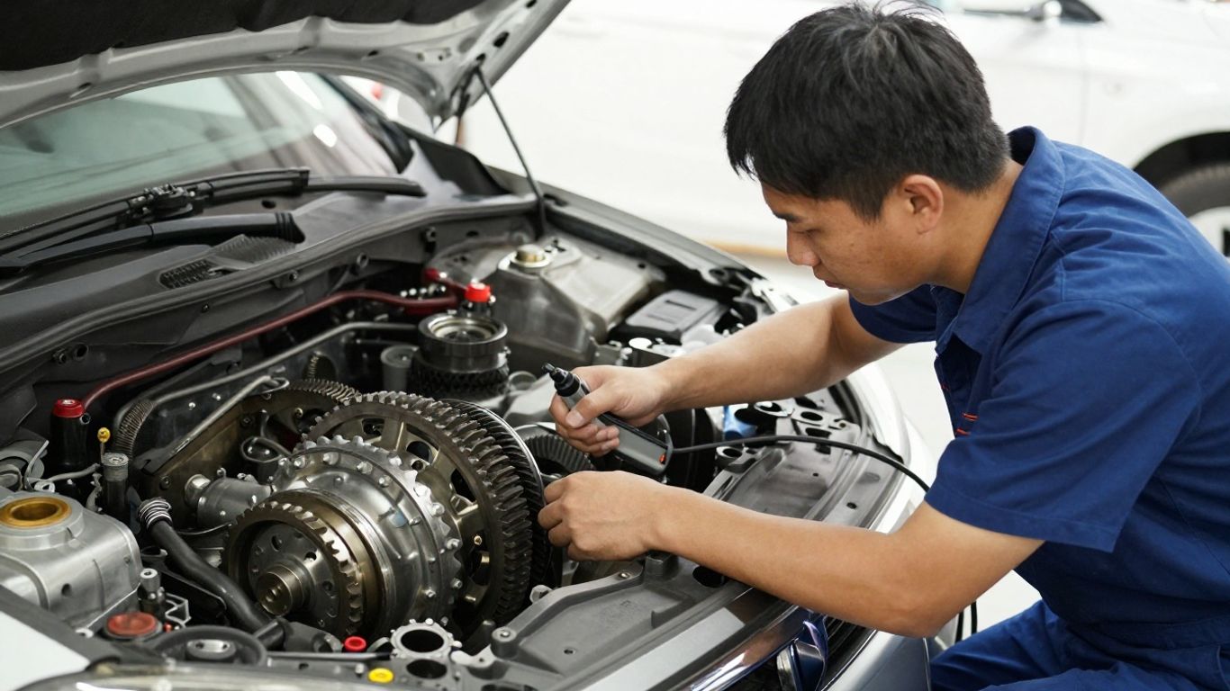Technician inspecting transmission