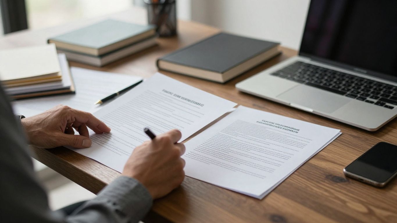 Attorney reviewing transition documents in a quiet office