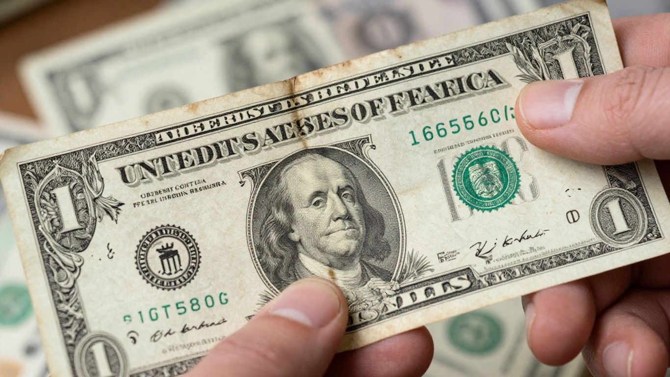 Damaged U.S. dollar bills held in a hand.