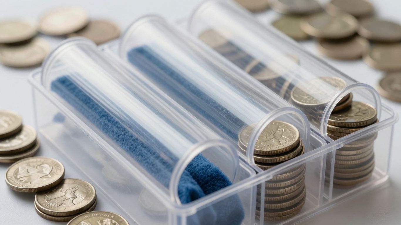 Various coin storage tubes with coins inside.