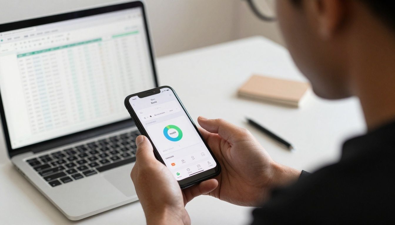 A person at a clean desk looking thoughtfully at a smartphone with a health tracking app open, with a laptop showing a confusing spreadsheet in the background.
