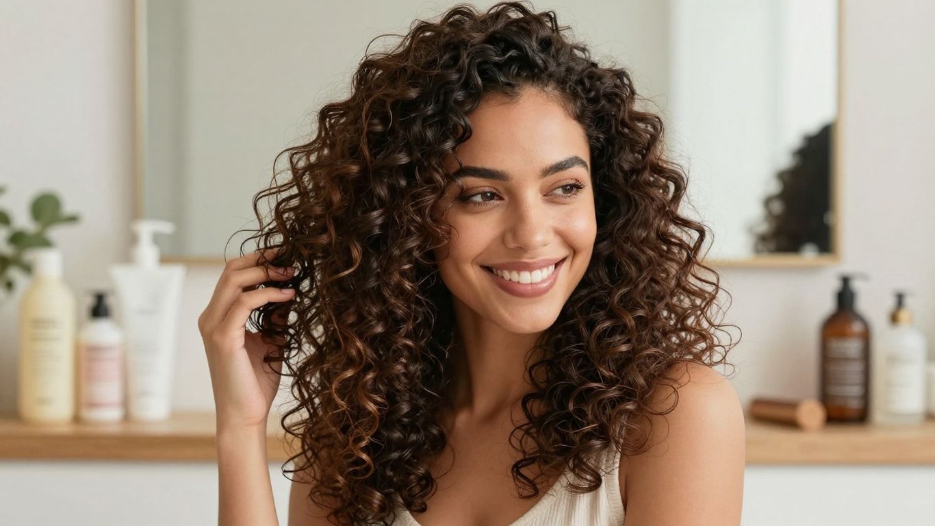 Woman with healthy, defined mixed curls in bathroom
