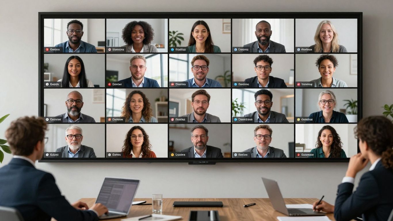 Multicultural team in a focused video meeting