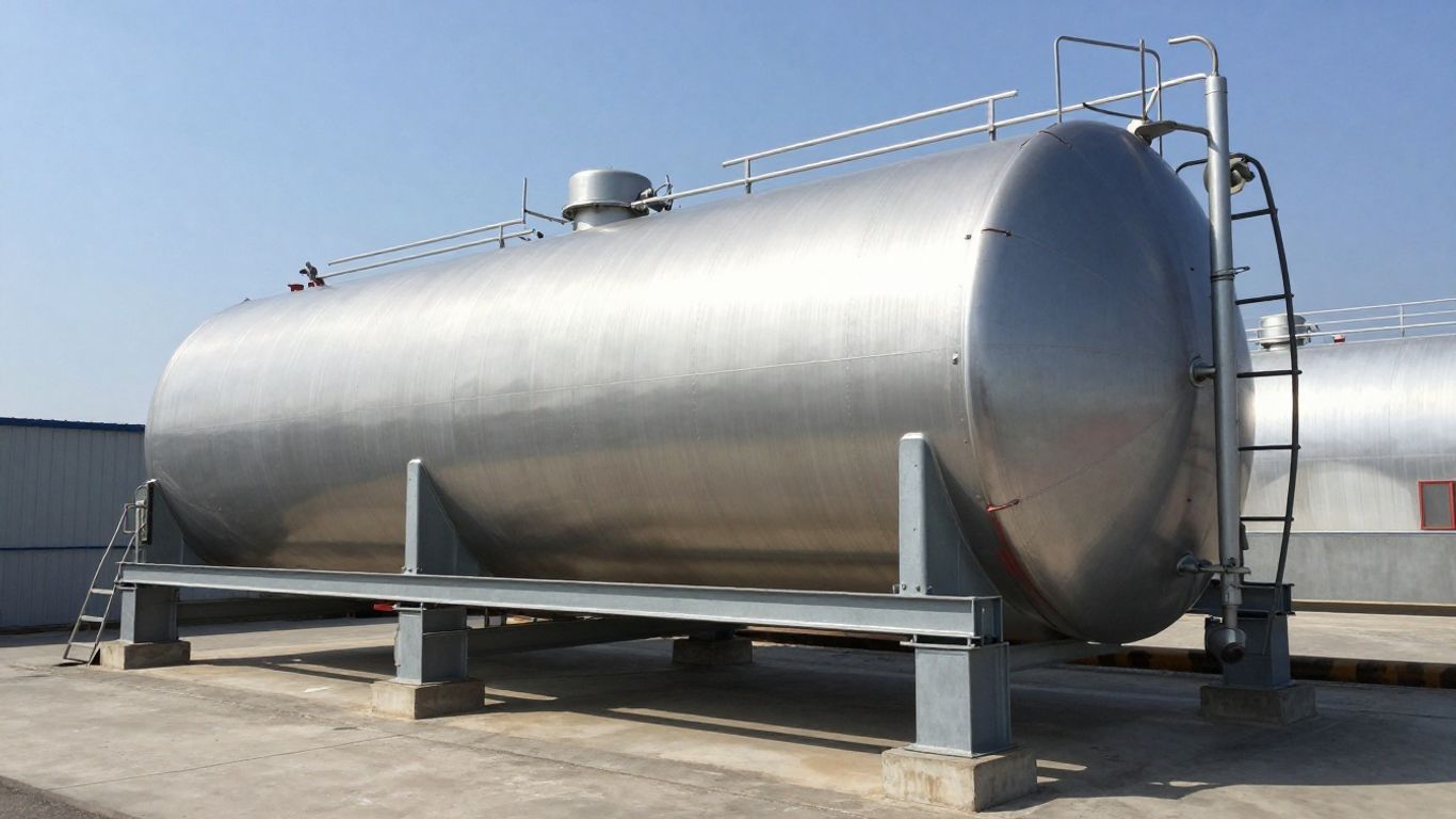 Industrial diesel tank with ladder and platform.