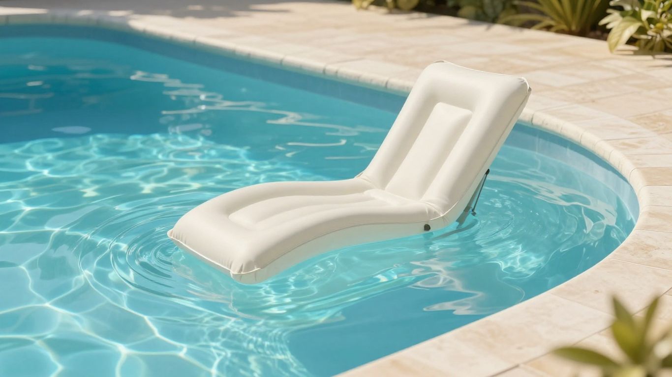 Pool chaise float resting on calm blue water