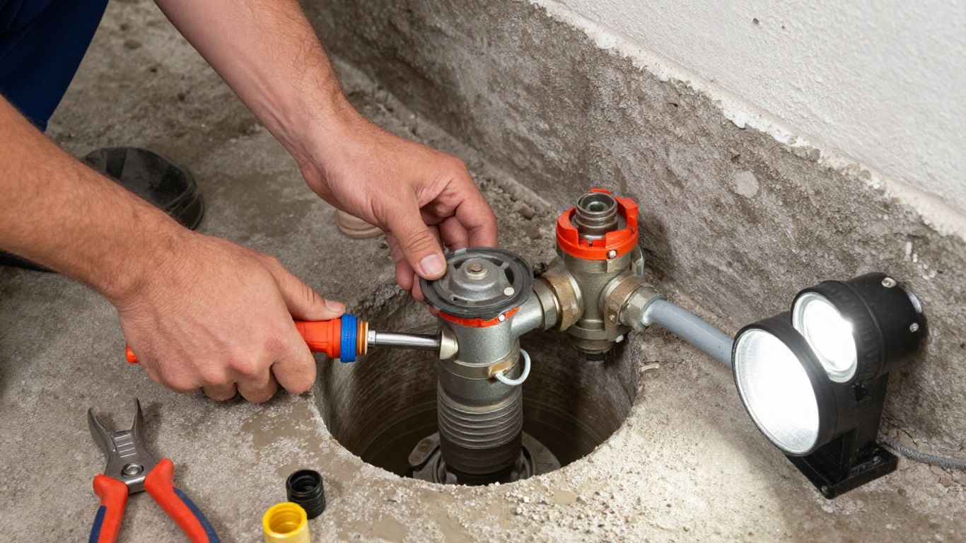 Technician inspecting sump pump discharge pipe