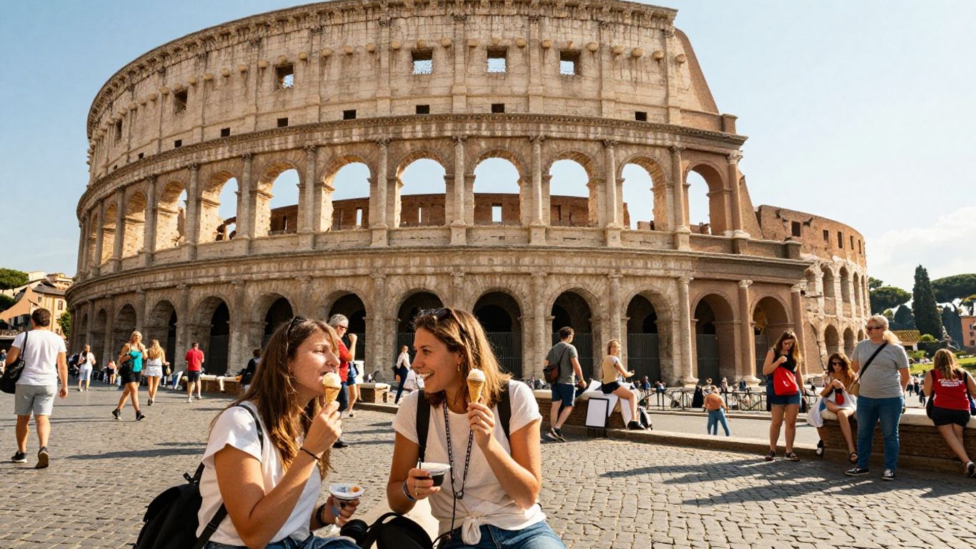 Affordable Rome vacation with iconic landmarks and happy travelers.
