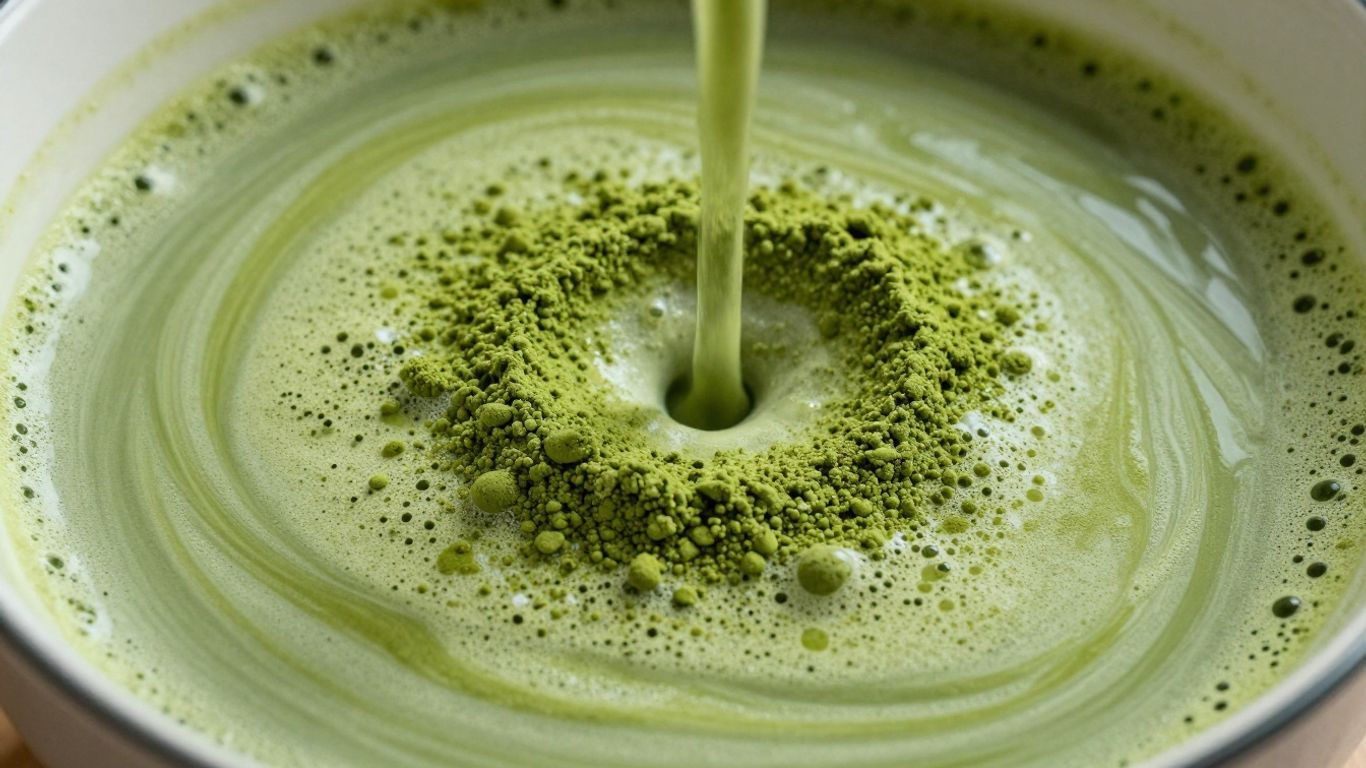 Green matcha powder dissolving into water, creating a smooth texture.