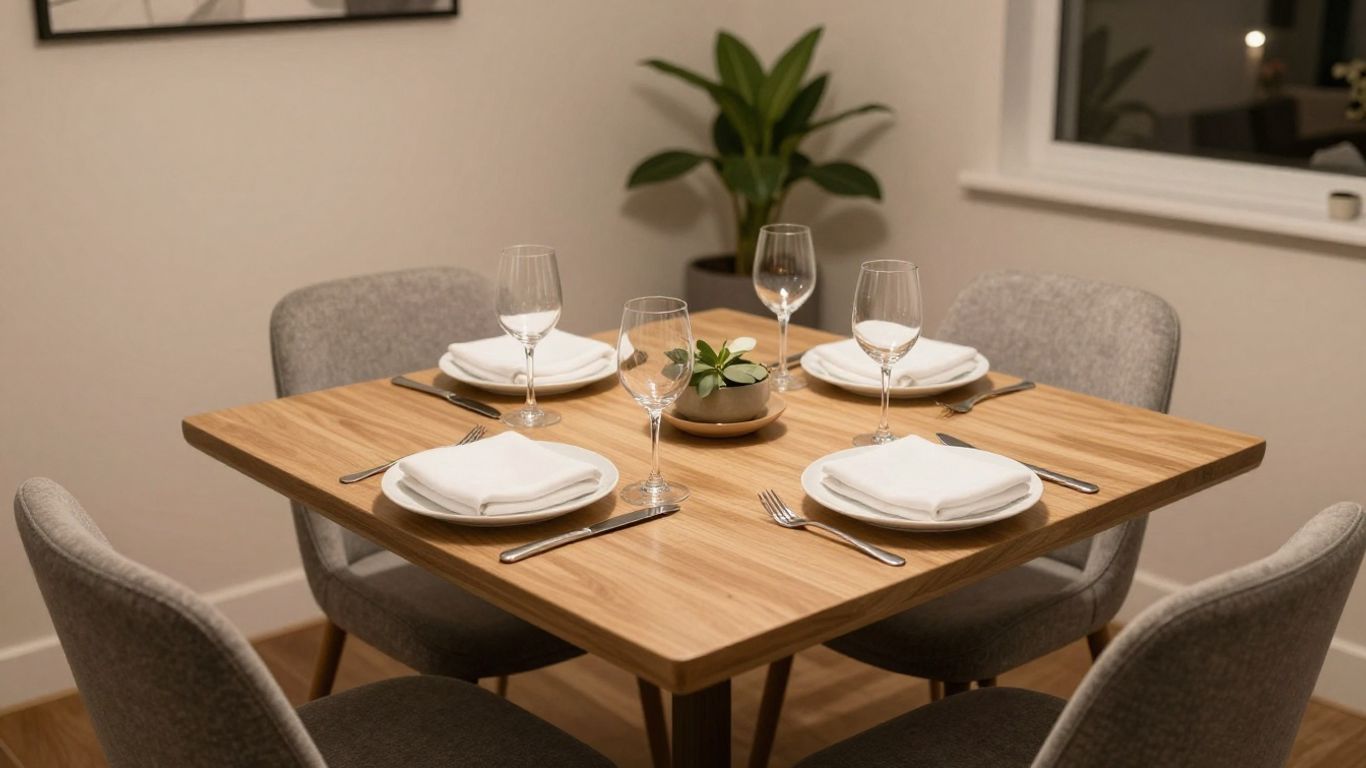 Airbnb dining area setup with table, chairs, and place settings.