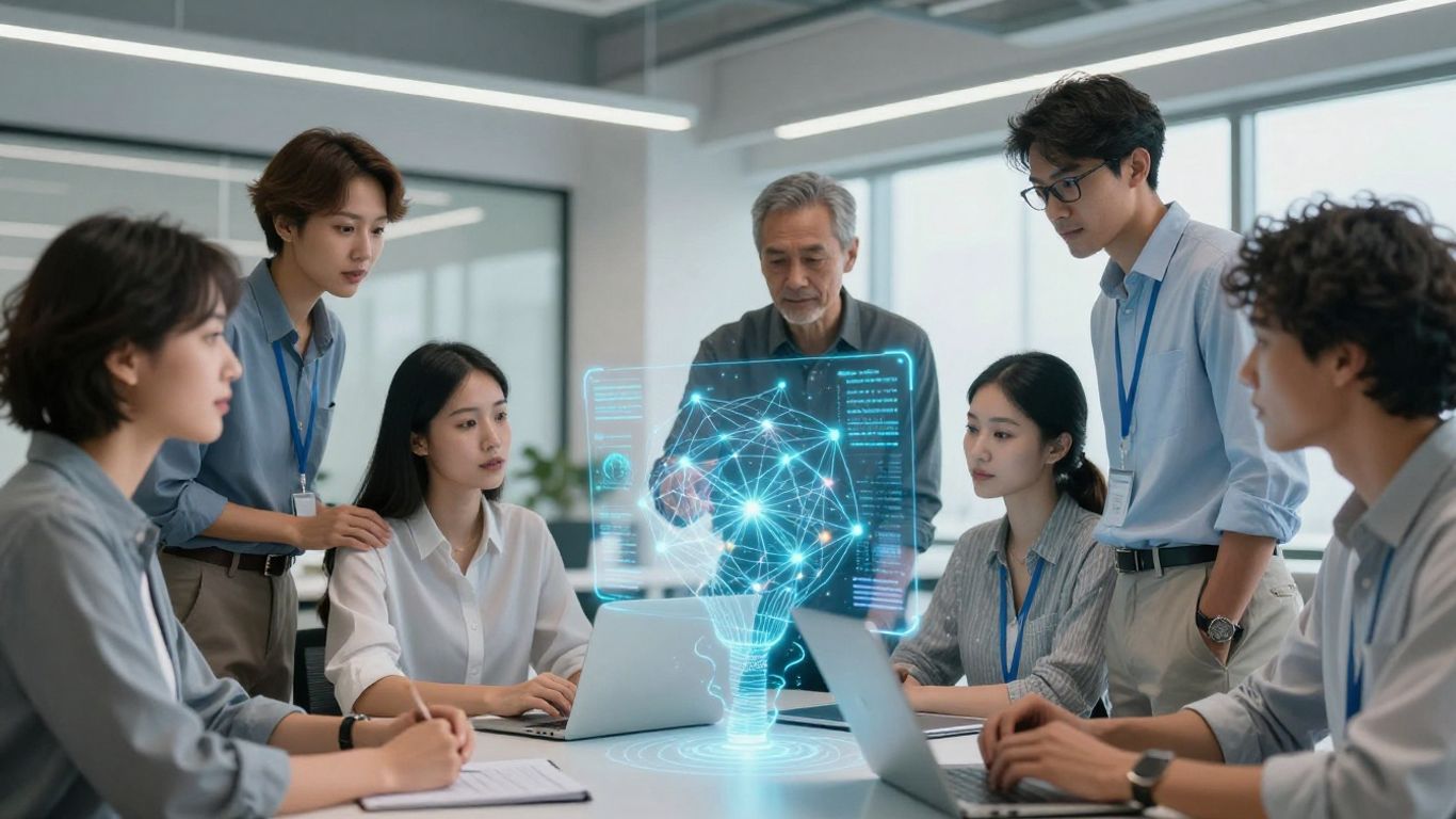 Profissionais colaborando com inteligência artificial em ambiente de trabalho.