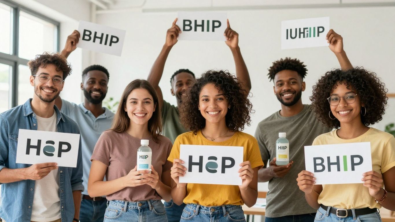 Personas sonriendo con productos bHIP en un entorno moderno.