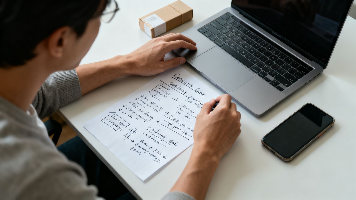 A marketer reviewing campaign notes beside a laptop