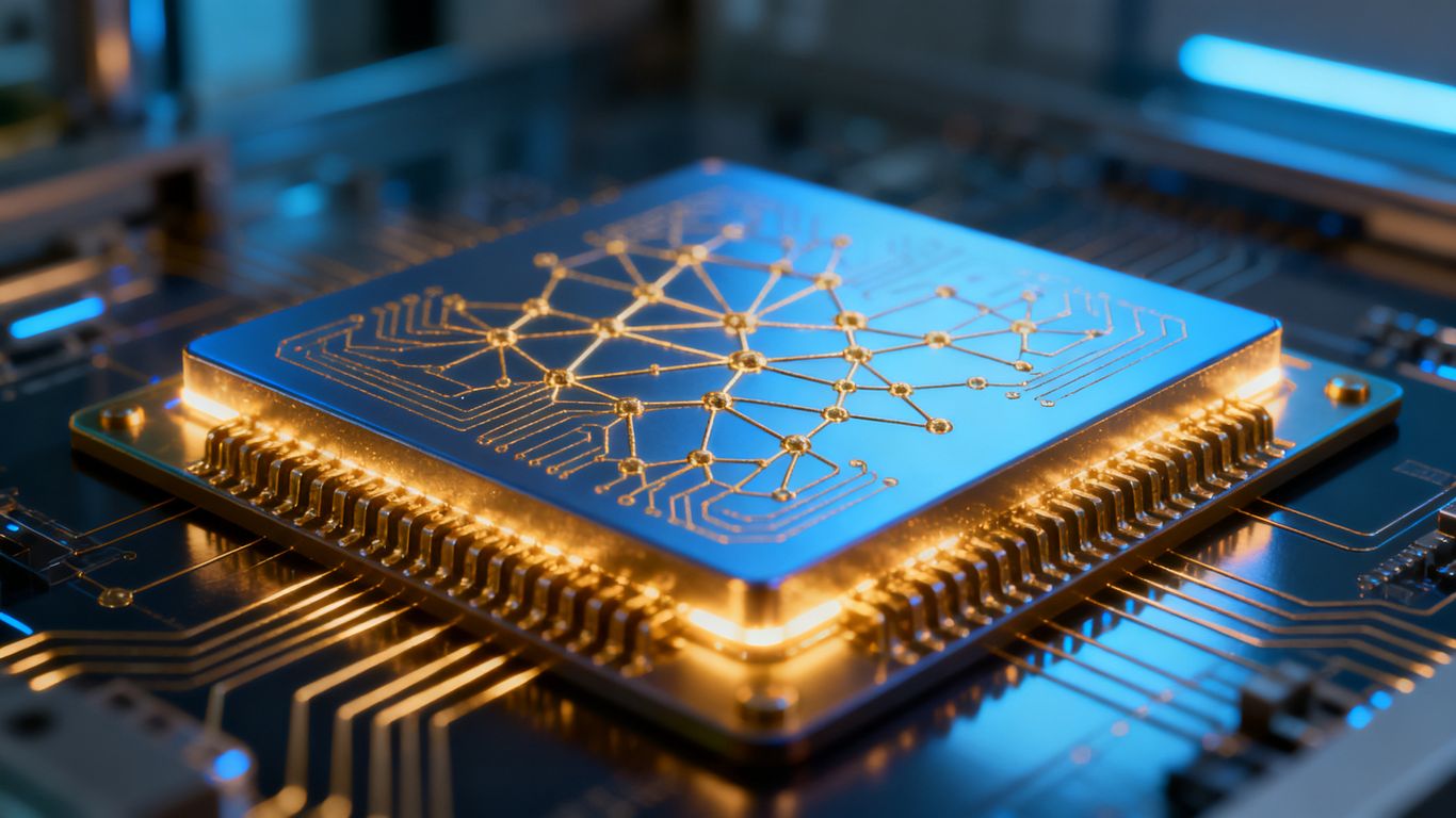 A glowing silver and gold Samsung AI memory semiconductor chip.