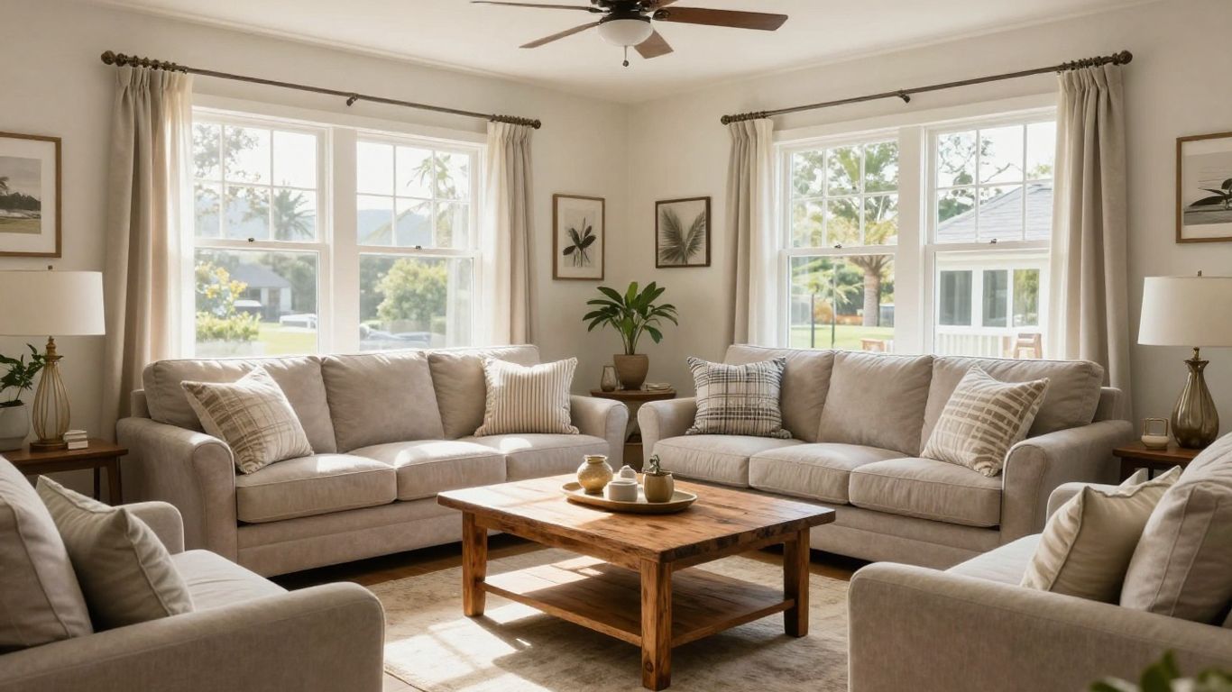 Cozy vacation home living room with comfortable and stylish furniture.