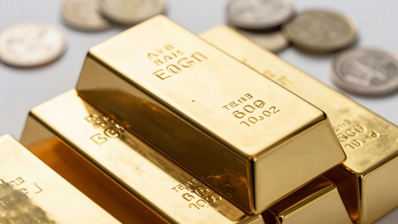 Lingots d'or et pièces d'argent, investissement métaux précieux.