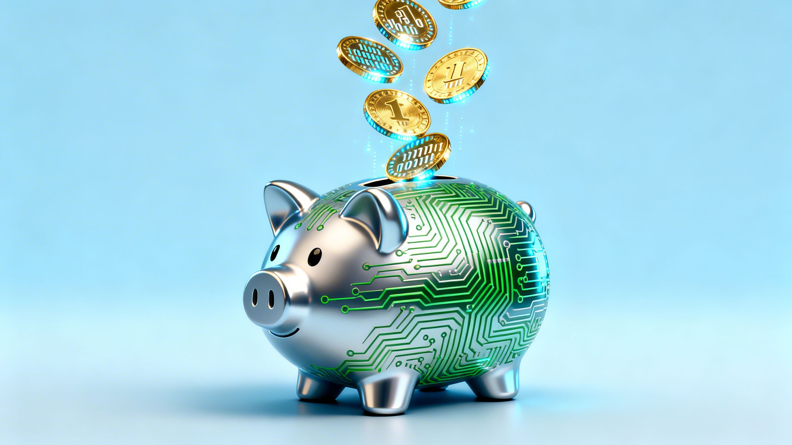 A piggy bank with a circuit board pattern, with digital coins flowing into it, symbolizing the cost savings from efficient AI model pruning.