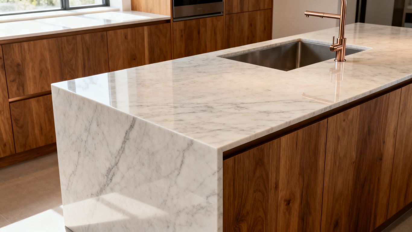 Polished quartz countertop in a bright modern kitchen