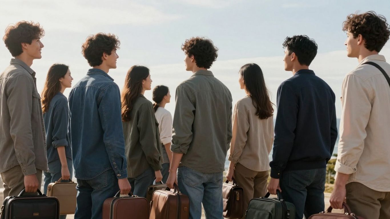 Personas con maletas mirando hacia el horizonte.